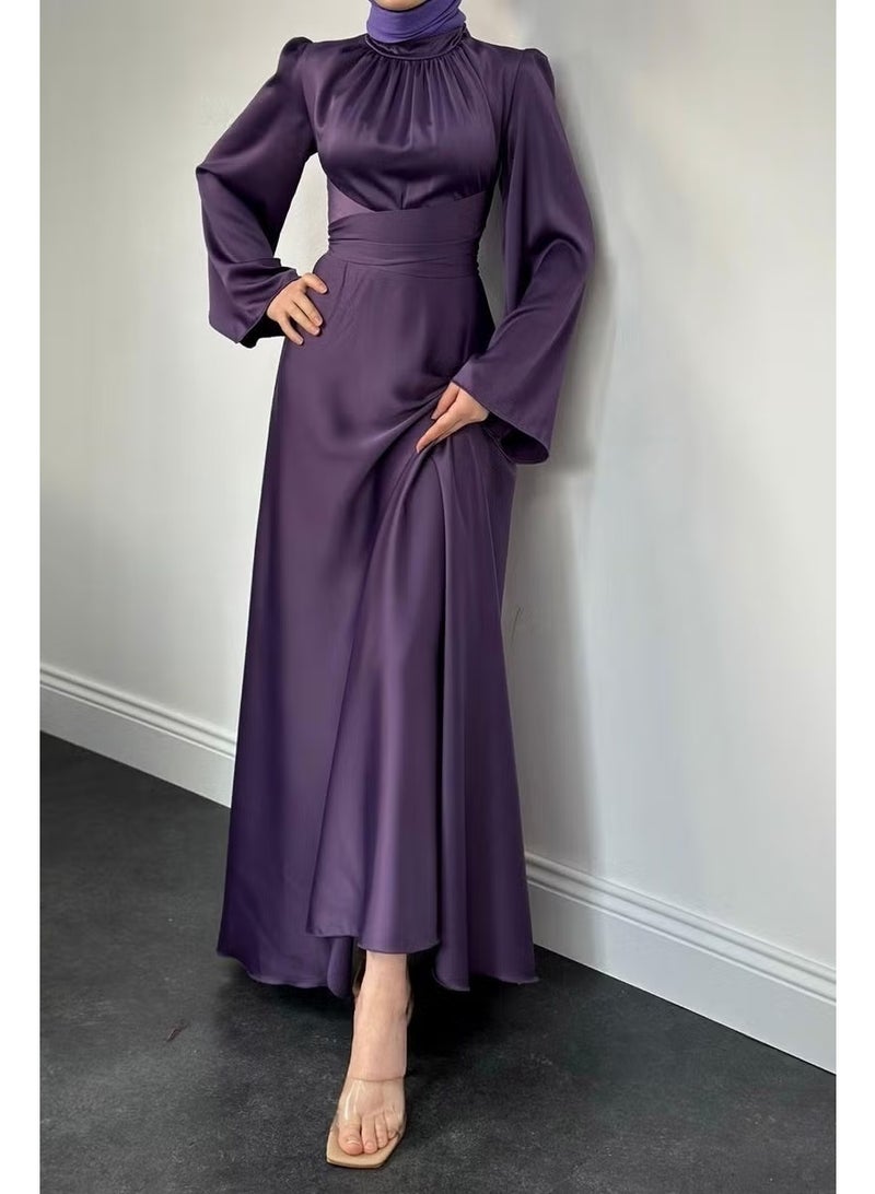 Merven Akyüz Violet Spanish Sleeve Waist Tie Satin Dress Lilac - Image 3